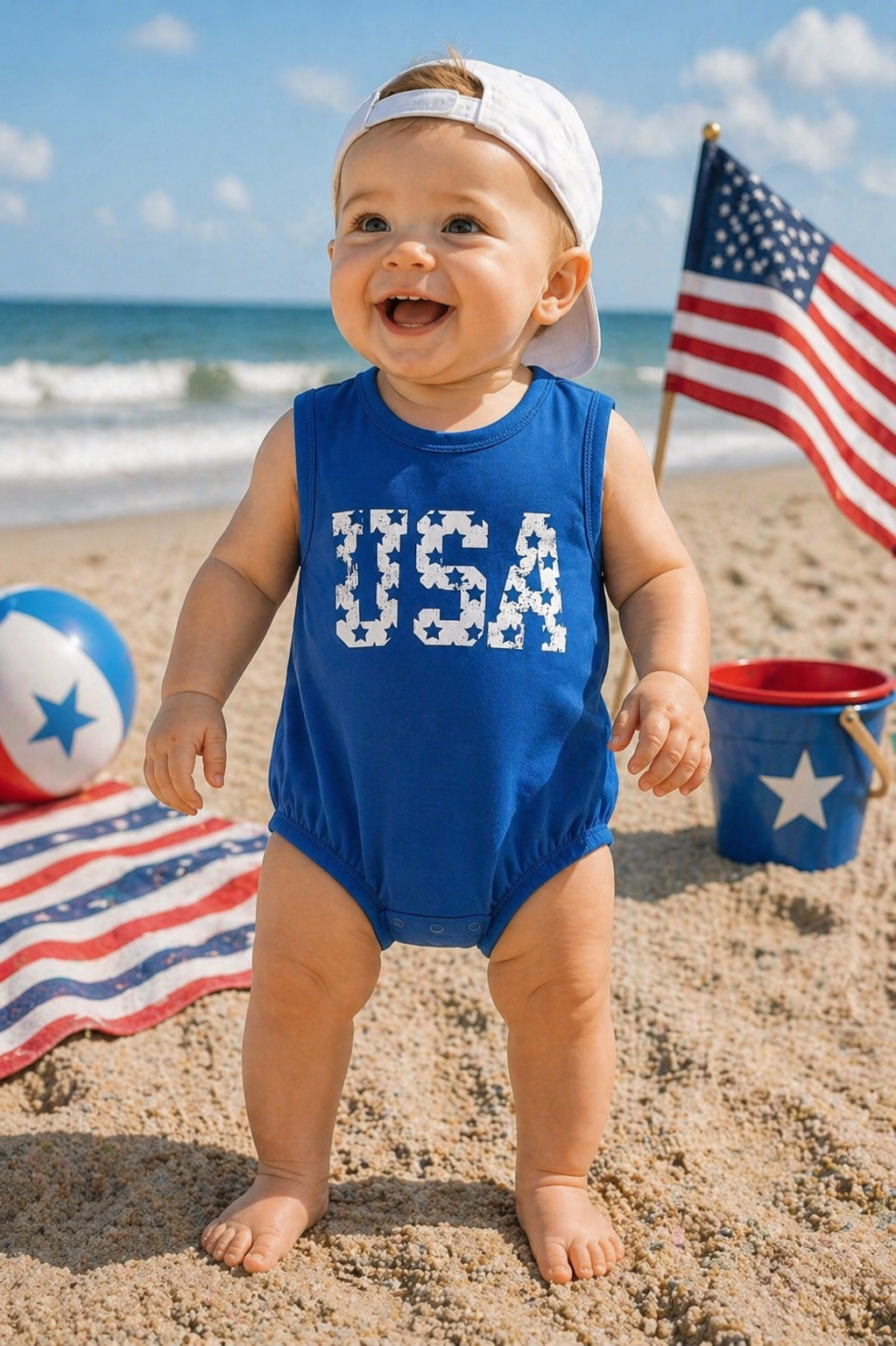 Baby in a navy blue 'USA' bubble romper standing on a beach with an American flag and ball in the background.